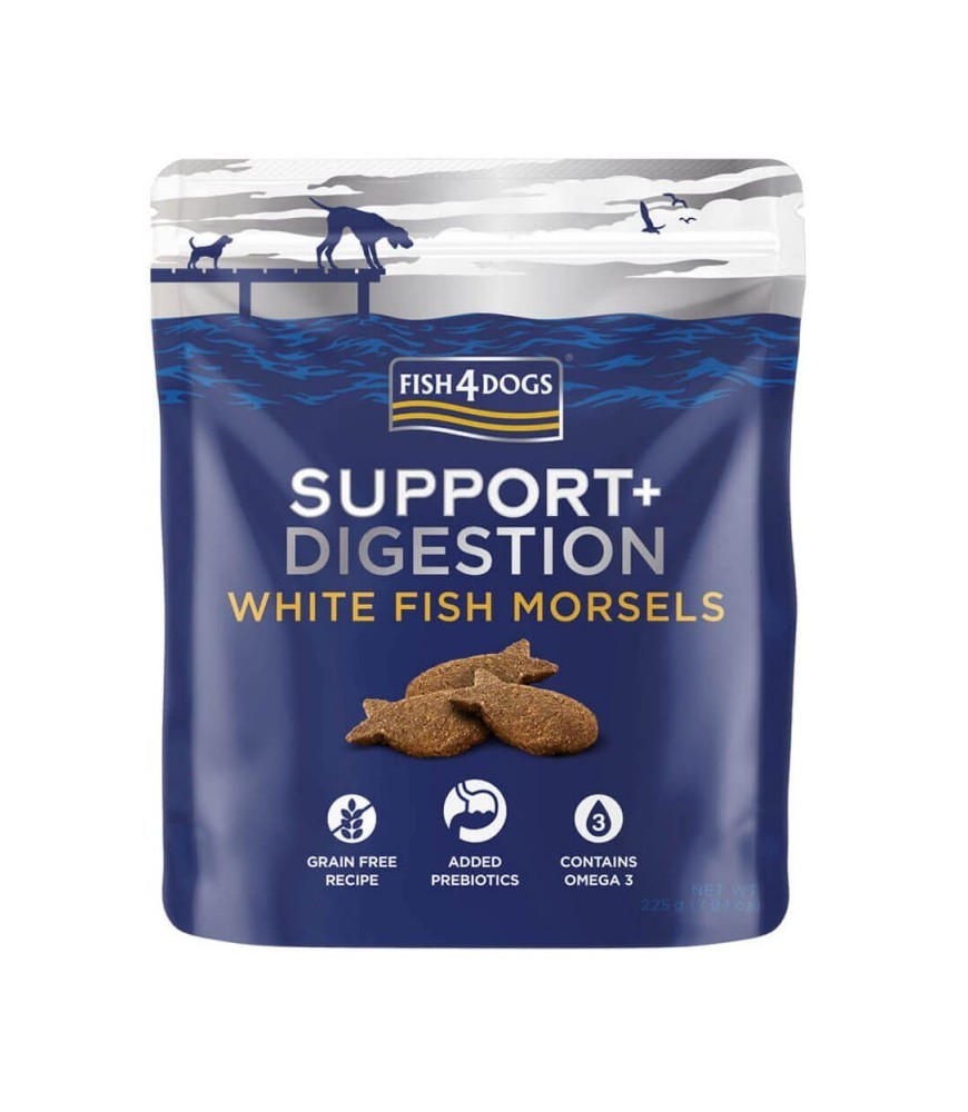 Fish4Dogs Support+ Digestion White Fish Morsels – Graanvrije Vis Snack ter Ondersteuning van de Spijsvertering