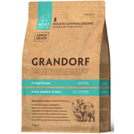 Grandorf 4 Meat Adult Maxi & Medium – Hypoallergene graanvrije voeding met vier soorten vlees